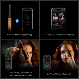 Dyson Airwrap styled-with app connectivity guide showing four steps: connecting to MyDyson app, setting hair profile, tailoring settings, and styling