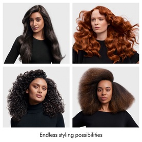 Four models showcasing diverse hair styles and textures, with text reading Endless styling possibilities