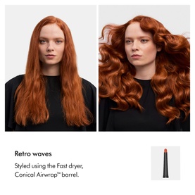 Model with before and after retro waves hairstyle created using Dyson Airwrap Conical barrel attachment