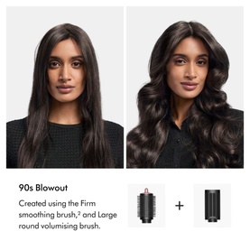 Model with straight and voluminous blowout hairstyles created using firm smoothing and large round volumising brush attachments
