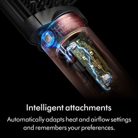 Dyson Coanda 2x Ceramic Apricot hair tool cutaway showing internal components with blue LED lighting and intelligent attachment technology.