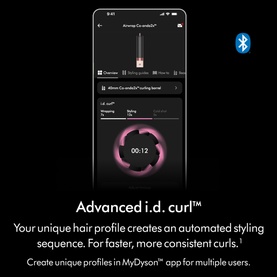 Dyson Coanda 2x Ceramic Apricot MyDyson app screen showing Advanced i.d. curl feature with automated styling timer display.