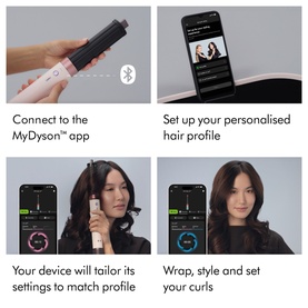 Dyson Coanda 2x Ceramic Apricot hair styler shown in four-panel guide: app connection, hair profile setup, settings sync, and styling results.
