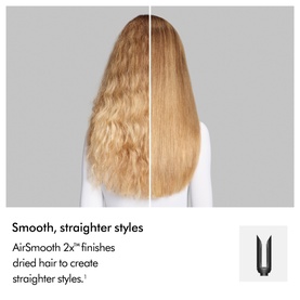 Dyson Coanda 2x Ceramic Apricot before-and-after shot showing wavy hair transformed to smooth, straight blonde hair.