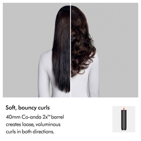 Dyson Coanda 2x Ceramic Apricot 40mm barrel attachment shown alongside before-and-after hair result: straight vs loose, voluminous curls.