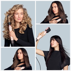 Four models demonstrating Dyson Coanda 2x Ceramic Apricot hair styler, showing curly, wavy, straight and voluminous styles achieved with the tool.