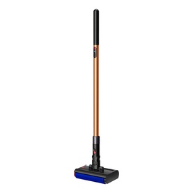 Dyson-style cordless vacuum cleaner with copper and black wand, blue motorised floor head, shown upright on white background