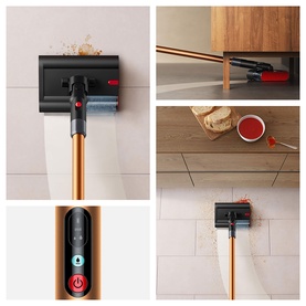 Cordless stick vacuum in black and gold shown in multi-panel lifestyle shots, cleaning walls, floors, and tight spaces under furniture