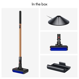 Dyson vacuum cleaner accessories set including extension wand, floor head, cone tool, and crevice tool in black and blue