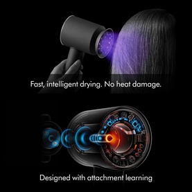 Black hair dryer with purple airflow shown in use, plus close-up of attachment learning technology with glowing heat sensor