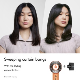 Before and after shot of model with curtain bangs styled using Dyson hair dryer with orange and black Styling Concentrator attachment