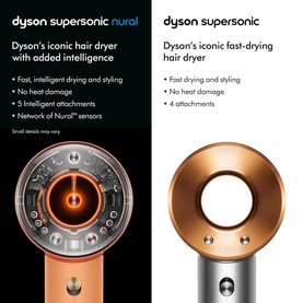 Dyson Supersonic Nural and Supersonic hair dryers side-by-side comparison showing copper and nickel colourways with attachments