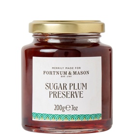 Fortnum & Mason Sugar Plum Preserve 200g jar with gold lid and decorative label, deep red jam visible through glass.