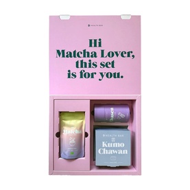 Health Bar Kumo Chawan Vanilla Swirl Matcha Set in pink gift box, including matcha powder, whisk, and ceramic bowl
