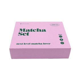 Health Bar Kumo Chawan Vanilla Swirl Matcha Set in pink gift box with green text, containing ceremonial matcha powder, bamboo whisk and ceramic bowl