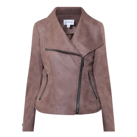 Joseph Ribkoff mink faux suede biker jacket with asymmetric zip fastening, wide lapels, and zip pockets