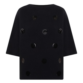 Joseph Ribkoff Sequin Embellished Knitted Sweater in black, boat neckline, dropped shoulders, short sleeves, circular sequin detailing
