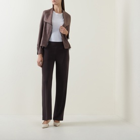 Model wearing Joseph Ribkoff Mocha trousers in straight-leg fit, styled with a matching drape jacket and white top.