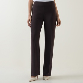 Model wearing Joseph Ribkoff Trousers in Mocha, slim straight-leg cut with elasticated waist, styled with cream heeled mules.