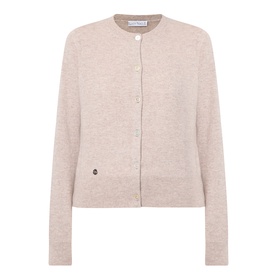 Lucy Nagle The Everyday Cardigan in light beige, fine knit, round neck, button front, ribbed trims, logo disc detail, long sleeves