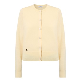 Lucy Nagle The Everyday Cardigan in Primrose, fine knit, round neckline, button front, ribbed trims, gold logo disc detail