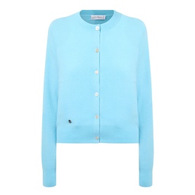 Lucy Nagle The Everyday Cardigan in Bambino blue, fine knit, round neckline, ribbed trims, logo disc detail, pearl-effect buttons