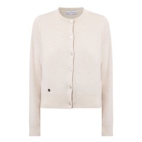 Lucy Nagle The Everyday Cardigan in Pearl, fine knit wool-cashmere, round neck, button front, ribbed trims, logo disc detail