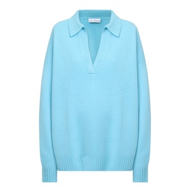 Lucy Nagle The Cashmere Collar Sweater in Bambino blue, featuring a notched V-neckline, flat collar, dropped shoulders and ribbed trims