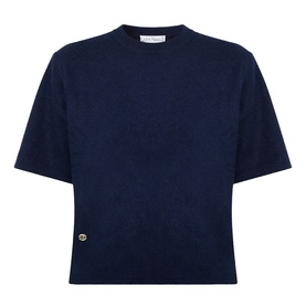 Lucy Nagle The Cashmere Top in Midnight Slate, crew neck, short sleeves, dropped shoulders, ribbed trims, gold logo disc detail