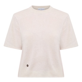 Lucy Nagle The Cashmere Top in Pearl, crew neck, short sleeves, dropped shoulders, straight hem with ribbed trims and logo disc