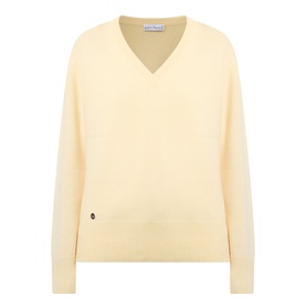 Lucy Nagle The Elevated Cashmere Sweater in Primrose, V-neckline, dropped shoulders, ribbed trims, logo disc detail