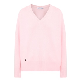 Lucy Nagle The Elevated Cashmere Sweater in Crystal Rose, V-neckline, dropped shoulders, ribbed trims, logo disc detail