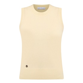 Lucy Nagle The Crew Cashmere Top in Primrose, sleeveless fine knit with crew neckline, ribbed trims and logo disc detail