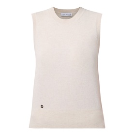 Lucy Nagle The Crew Cashmere Top in Pearl, sleeveless fine knit with crew neckline, ribbed trims and logo disc detail