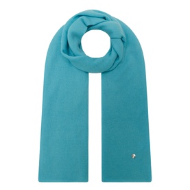 Lucy Nagle The Travel Wrap scarf in Bambino teal, fine knit cashmere-blend, oblong style with small logo disc detail