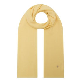 Lucy Nagle The Travel Wrap in Primrose, oblong fine-knit cashmere-blend scarf with subtle logo disc detail