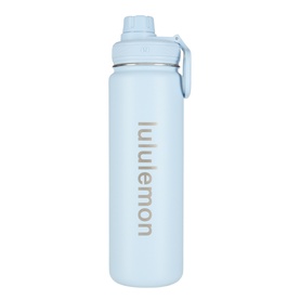 Lululemon water bottle in Starch Blue with flip-top lid and carry loop, branded logo on side