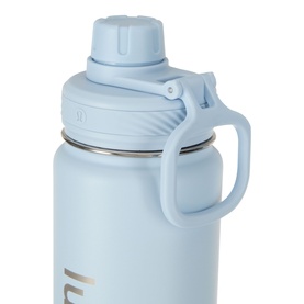 Lululemon water bottle in Starch Blue with flip-top straw lid, carry handle, and silver base detail, close-up view
