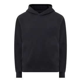 Lululemon black pullover hoodie with kangaroo pocket and ribbed cuffs, clean minimal design