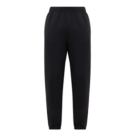 Lululemon black sweatpants with elasticated waist and tapered cuffed ankles, flat lay product shot.