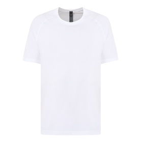 Lululemon white performance T-shirt with crew neck and grey inner collar detail, short sleeves, relaxed fit