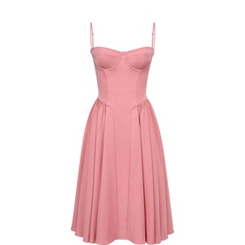 House of CB Samaria Corset Flared Dress in pink with boned bodice, spaghetti straps, and flared midi skirt panels