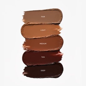 Sculpted by Aimee Cream Luxe Bronzer shade swatches showing Fair, Light, Medium, Tan and Deep on white background.