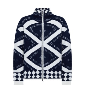 Tuzzi multicoloured zip-through cardigan with navy and white geometric diamond and checkerboard knit pattern