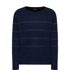 Tuzzi Midnight Blue crew neck knit jumper with tonal horizontal ladder stitch stripe detail, long sleeves