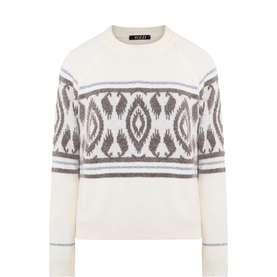 Tuzzi multicoloured crew-neck knit jumper with geometric ikat jacquard pattern in grey and white, ribbed cuffs and hem.