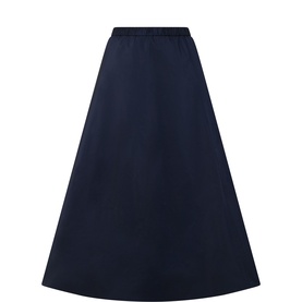 Tuzzi Midnight Blue A-line midi skirt in 100% polyester with elasticated waist, displayed flat against white background.