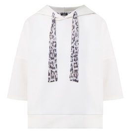 Tuzzi ivory hoodie top with short sleeves and leopard print drawstring ties