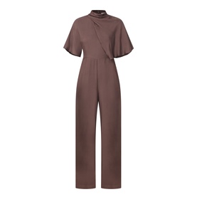 Vivere brown jumpsuit with high neck, wrap-front bodice, short sleeves, and wide-leg trousers in viscose-silk blend