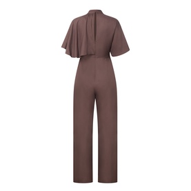 Vivere brown wide-leg jumpsuit, back view, featuring flutter cape sleeves, open back neckline and belted waist